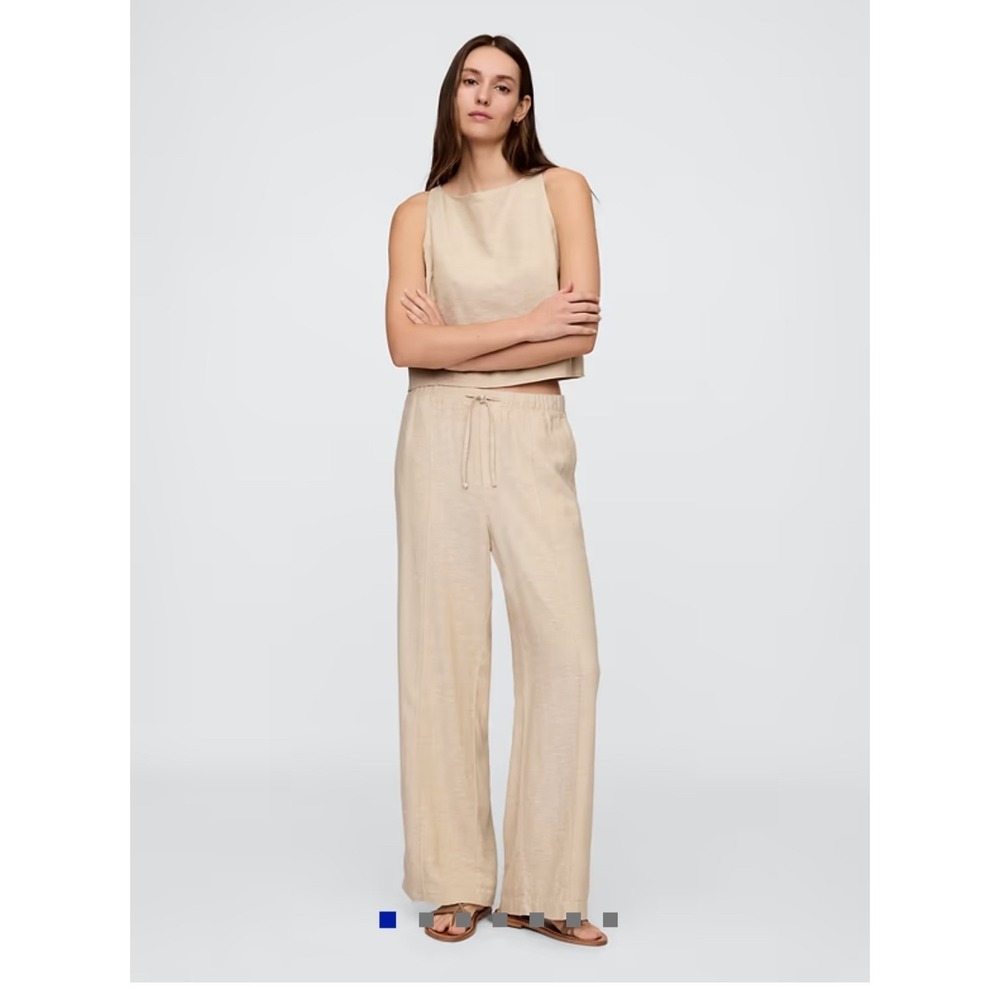 Gap Women Linen Blend Wide Leg Pants Beige Mid Rise Pull On S/744898-04 Large